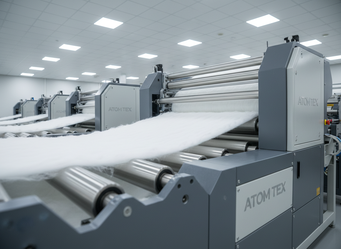 An immaculate production line featuring long, continuous polyfill fiber sheets moving smoothly along stainless steel rollers, the fibers forming a uniform, pillowy surface that catches the light with a gentle sheen. The automated machinery is sleek and modern, finished in neutral greys and soft metallic tones, arranged in an orderly, linear layout across the frame. Bright, evenly distributed industrial lighting from overhead panels creates a clean, shadow-free environment, highlighting the consistency and thickness of the fiber. Captured from a low, three-quarter angle looking down the line, the composition emphasizes depth and precision engineering. The atmosphere is efficient, controlled, and highly professional, with a photographic realism that underscores ATOM TEX’s reliability and advanced manufacturing capabilities.