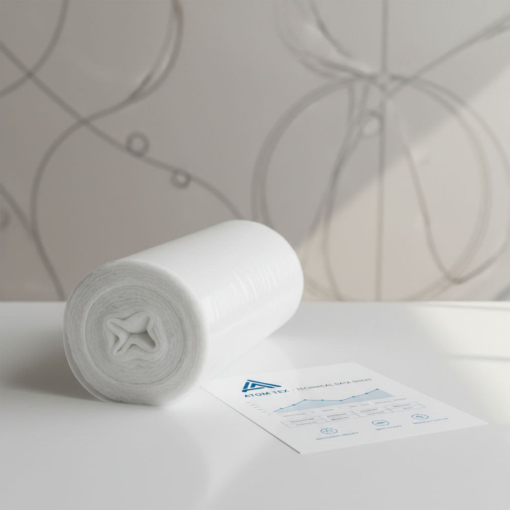 A clean, modern product information scene with a rolled polyfill fiber sheet partially unrolled across a matte white desk, its inner structure visible where the roll curves upward, showing uniform, cloud-like fibers tightly held in a smooth, thin outer layer. Beside it lies a printed technical datasheet featuring graphs, density tables, and performance icons in subtle grey and blue tones. The background includes a softly blurred neutral wall with a minimal abstract graphic suggesting fiber structure. Soft, diffused daylight from the right side creates delicate shadows along the roll and crisp highlights on the paper. Captured from an eye-level angle with a focused foreground and gentle background blur, the composition is clean, analytical, and corporate, reinforcing ATOM TEX’s emphasis on quality, specifications, and transparent performance data.