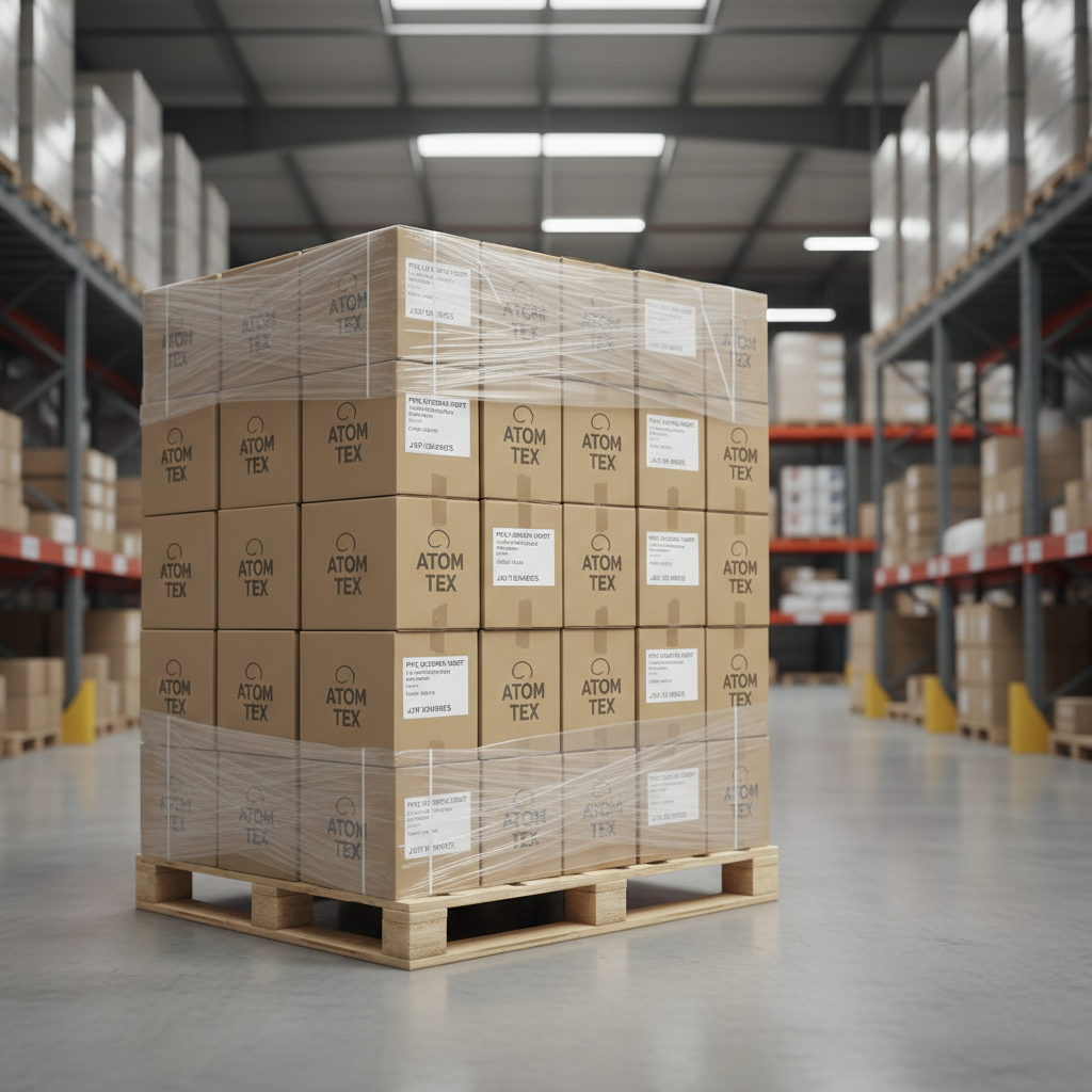 A neatly wrapped pallet of polyfill fiber sheet cartons, each box printed with a simple, understated ATOM TEX logo and clear product labels, stacked in perfect alignment within a clean logistics warehouse. The boxes are a muted kraft brown, contrasting with the cool grey of the polished concrete floor and the soft white of distant high-bay shelving. Overhead industrial lighting creates consistent, bright illumination, with subtle reflections on the floor suggesting order and cleanliness. Shot from a mid-level angle, the pallet is positioned slightly off-center following the rule of thirds, with the background gently blurred to maintain focus on the labeled cartons. The mood is dependable and structured, using photographic realism and a corporate visual language to emphasize trusted service and reliable supply for major home textile brands.