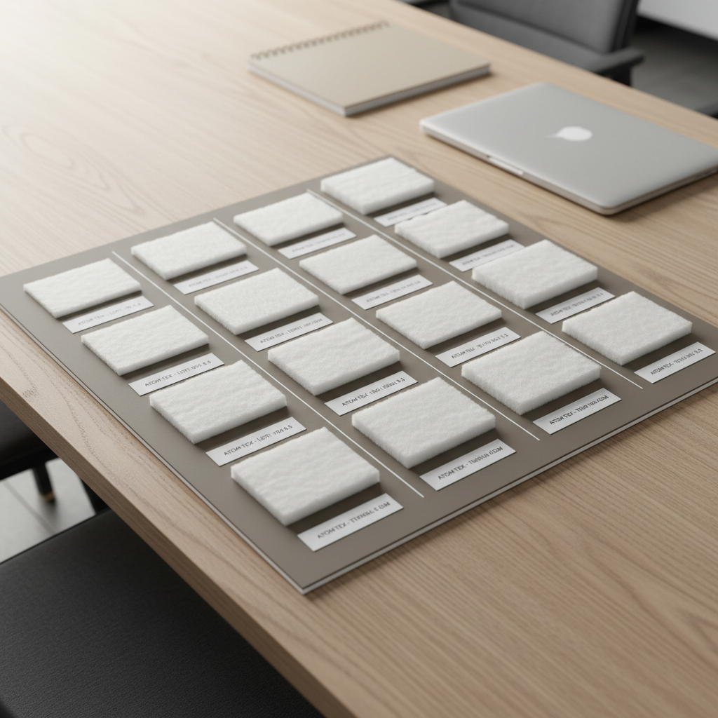 A carefully arranged sample board featuring multiple rectangular swatches of polyfill fiber sheets in varying thicknesses and densities, each mounted on a smooth, warm-grey backing with fine white borders separating them. Discreet technical specification cards sit beneath each swatch, printed in small, precise lettering. The board rests on a modern, light-wood conference table, with only the edge of a closed laptop and a neutral-toned notebook softly blurred in the background. Soft, directional daylight from a nearby window washes across the scene, creating gentle gradients of light and subtle shadows that emphasize the loft of each fiber sample. Captured from a slightly elevated angle with moderate depth of field, the composition feels structured, methodical, and business-focused, embodying ATOM TEX’s professional, specification-driven approach.