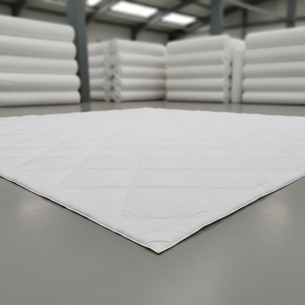 A close-up view of a single high-density polyfill fiber sheet laid flat on a smooth, light concrete surface, its fine, evenly distributed fibers visible through a subtle quilted pattern. The sheet appears bright white with a soft matte finish, edges sharply cut and perfectly aligned, suggesting industrial precision. In the softly blurred background, rows of additional rolled and stacked sheets create a structured, organized rhythm. Neutral overcast lighting from a large unseen skylight above produces even illumination with minimal shadows, emphasizing material consistency. Shot from a slightly elevated angle with moderate depth of field, the image has a calm, professional mood and a clean, modern, photographic style appropriate for a corporate fiber supplier.